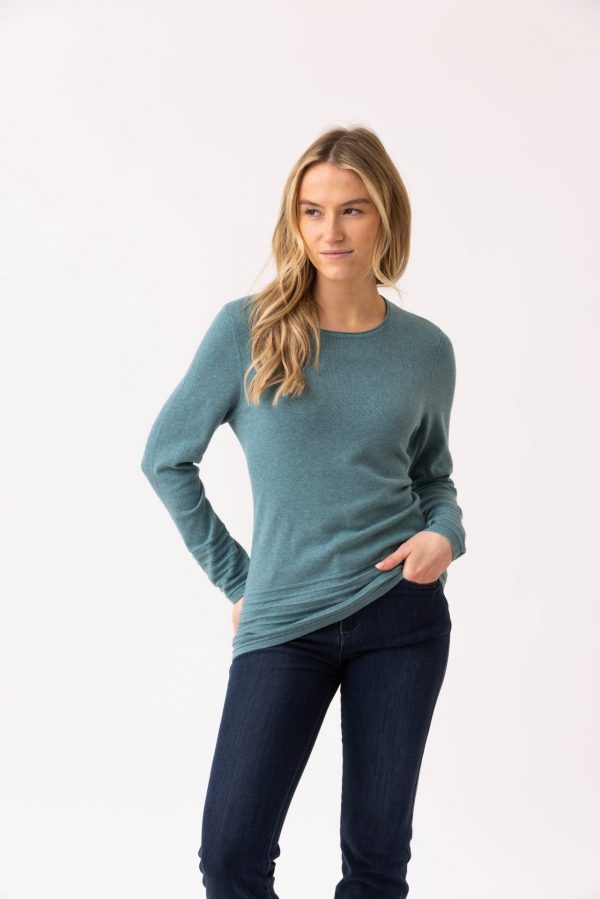 Marble 6377 100% cotton round neck fitted sweater with long sleeve and raised knit detail