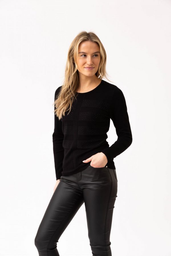 Marble 8013 Classic fit round neck sweater with horizontal reverse knit with stone embellishment